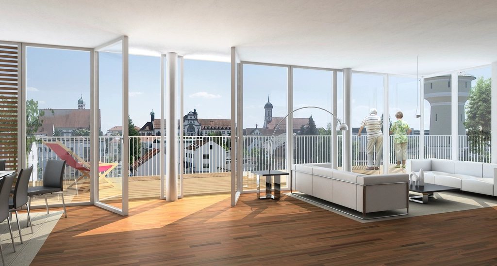Living room behind full-height glazing