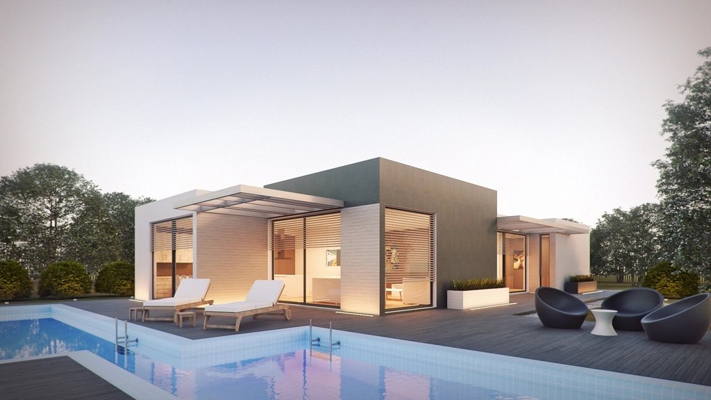 Single-storey villa opening onto a pool terrace