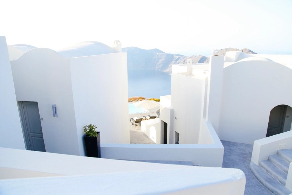 White cubic houses above the sea