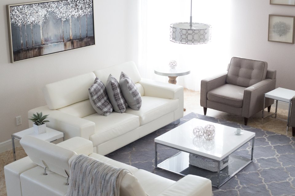 White living room with a lacquer table